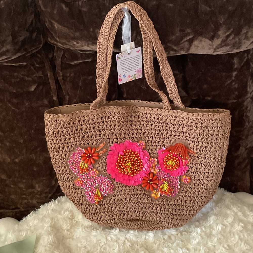 Brown Crochet Tote Bag with Floral Embellishments